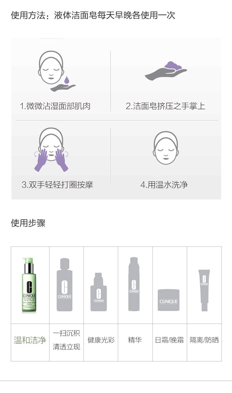 【19春夏】Clinique/倩碧三部曲3号（清爽液体洁面皂200ml+明肌净透水3号200ML+润肤乳（清爽型）125ml））