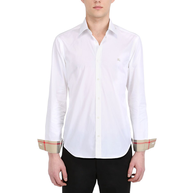 BURBERRY/博柏利 巴宝莉男士衬衫 高档白色棉质纯色长袖经典格纹衬衣 【161111】