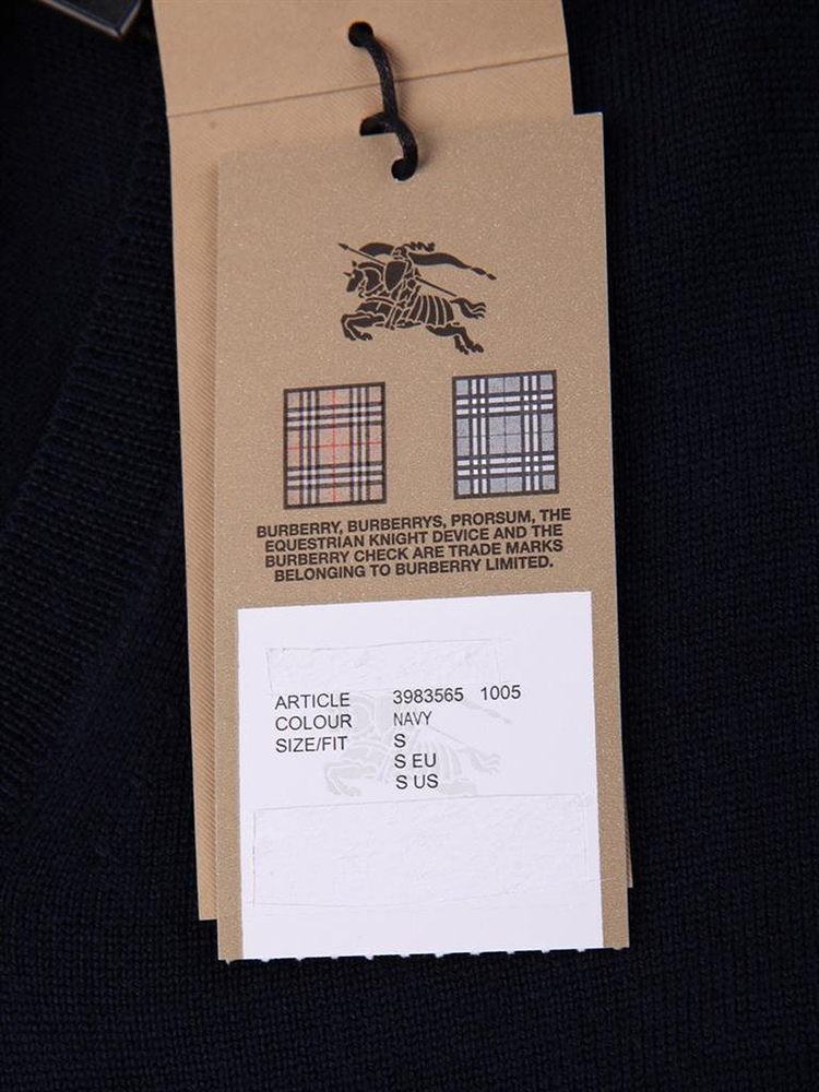 BURBERRY/博柏利 巴宝莉格纹手肘装饰V领全羊毛长袖羊毛衫男针织衫 深蓝色 XL
