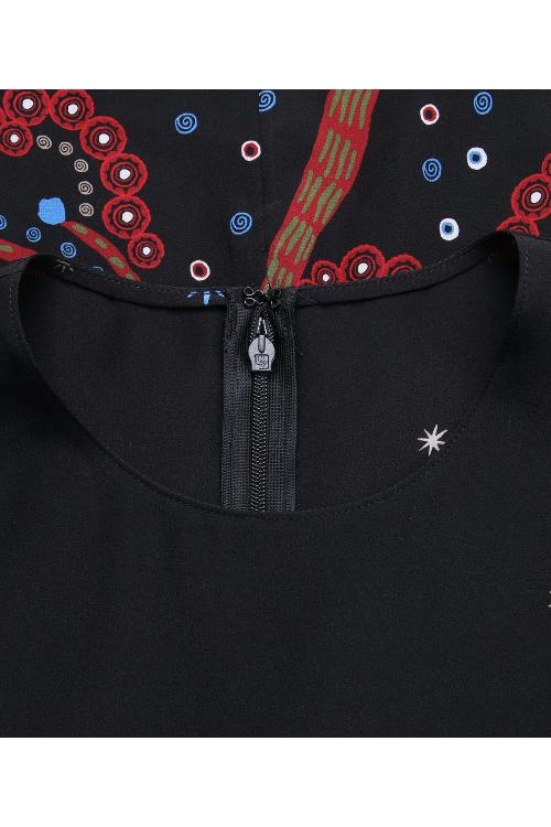 Valentino/华伦天奴 16年秋冬款黑色圆领桑蚕丝许愿树图案长袖连衣裙 LB3VA8Z12P0 0NO