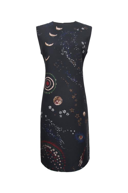 Valentino/华伦天奴 16年秋冬款星空图案黑色羊毛材质收腰无袖连衣裙 LB3VA8E32NW 0NO