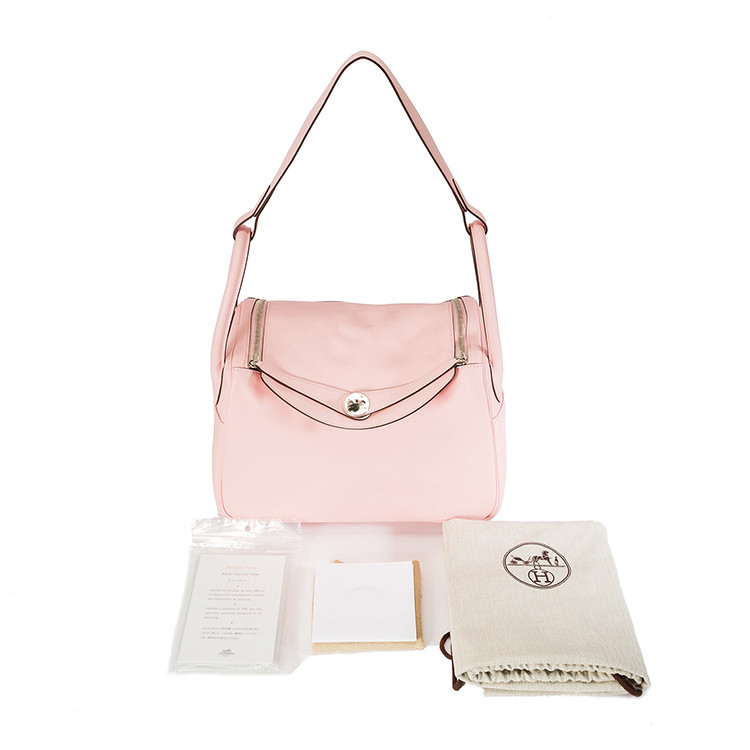 HERMES/爱马仕琳迪牛皮材质粉红色银扣女士单肩手提包