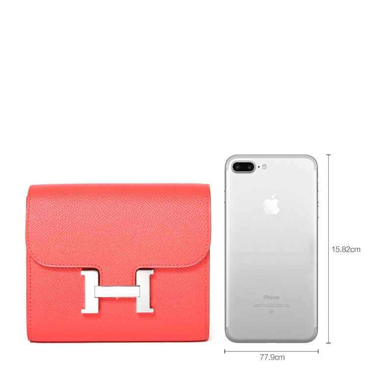 HERMES(爱马仕)红色皮质短款银扣钱夹Constance