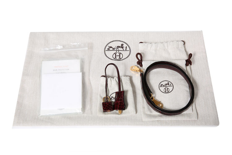 HERMES(爱马仕) 酒红色两点鳄鱼皮金扣外缝两用包Kelly28