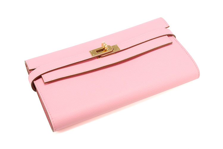 HERMES(爱马仕) 1Q奶昔粉色皮质长款kelly扣钱夹