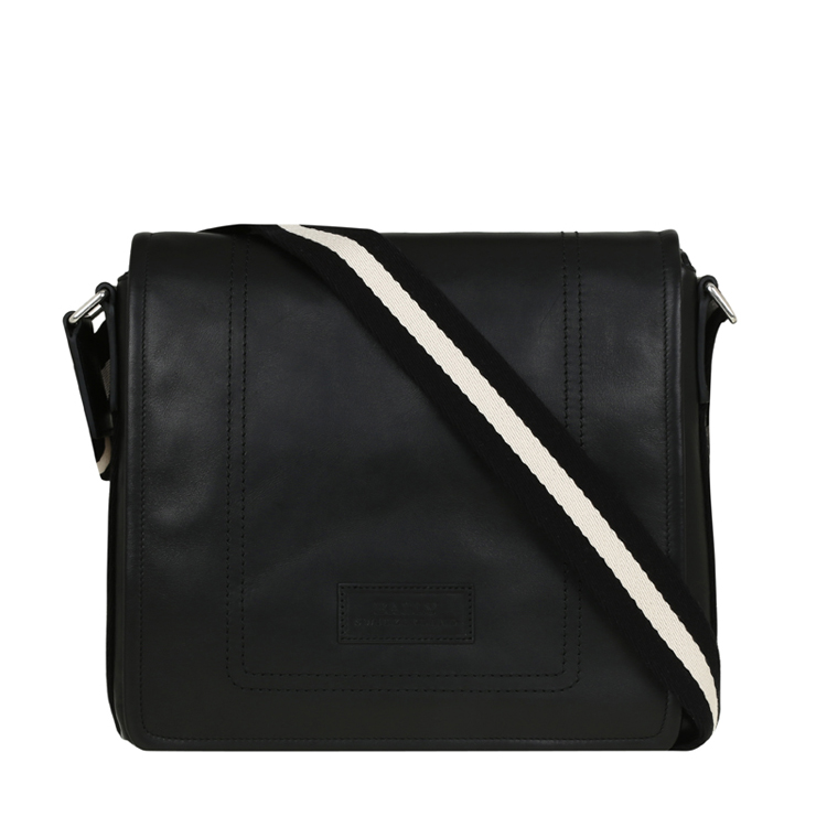 BALLY/巴利 男士TERLAGO小牛皮经典翻盖邮差斜挎包 黑色/米黑条纹 6189959