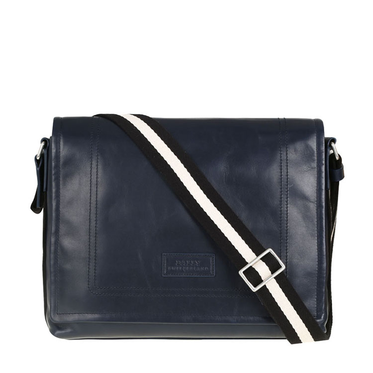 BALLY/巴利 男士TEPOLT条纹小牛皮斜挎翻盖邮差包斜挎包 6187205 蓝色/米黑条纹