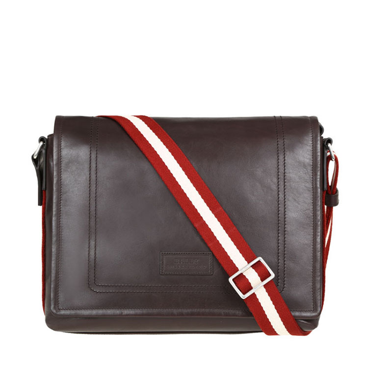 BALLY/巴利 男士TEPOLT小牛皮斜挎翻盖邮差包斜挎包 巧克力/米红条纹 6184565