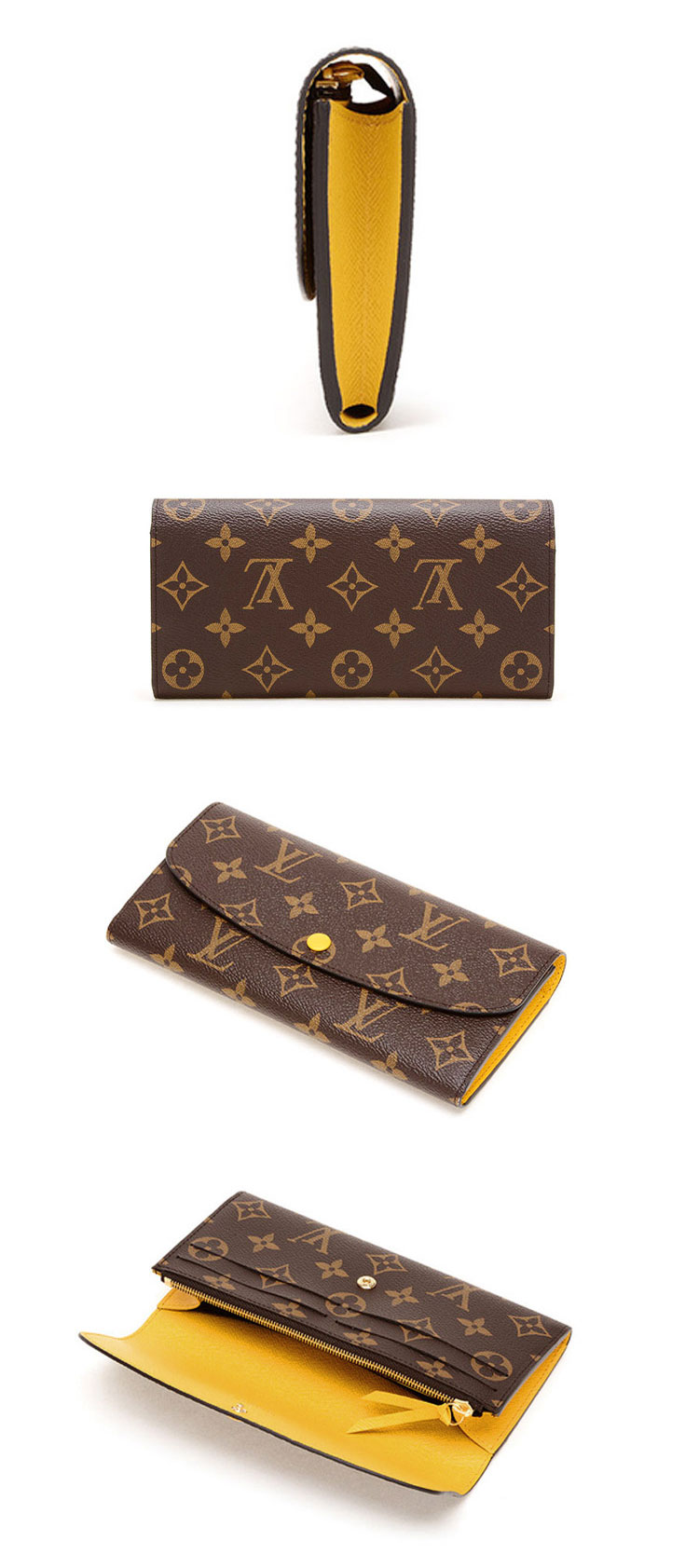 Louis Vuitton/路易威登 老花按扣长款女士钱包Emilie帆布 新款招财黄色M64301