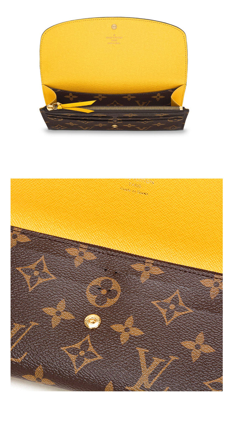 Louis Vuitton/路易威登 老花按扣长款女士钱包Emilie帆布 新款招财黄色M64301