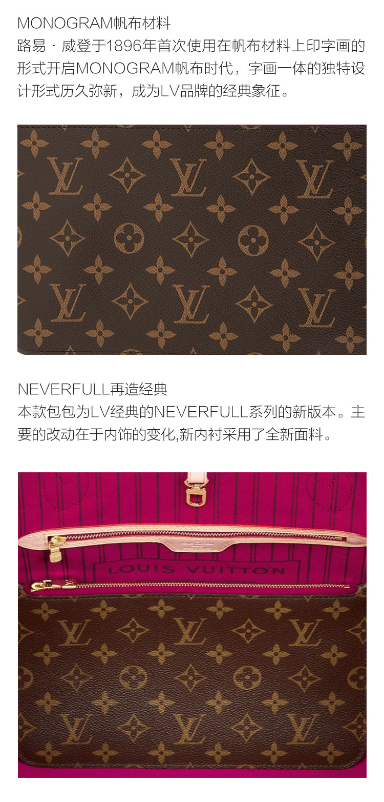 Louis Vuitton/路易威登 女士购物袋 帆布/配皮 Neverfull中号单肩包M41178（配玫红色同款手包）