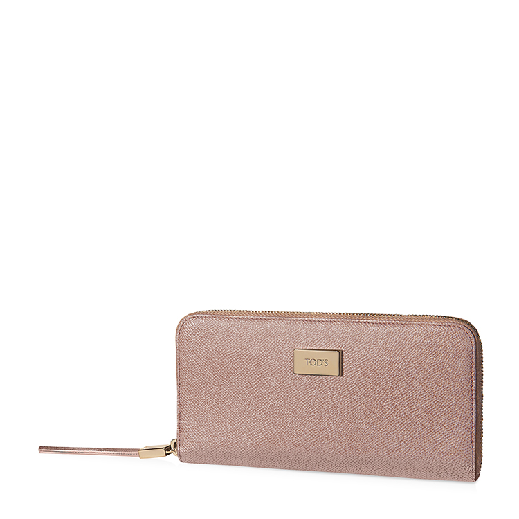Tod’s/托德斯 女士粉色牛皮LOGO金属牌撞色内衬钱包