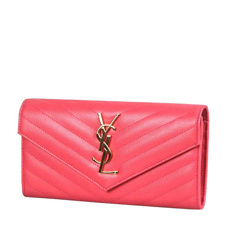 Yves saint Laurent/圣罗兰 金属logo标粉色牛皮斜纹女士长款钱包 #372264 BOW01 6618