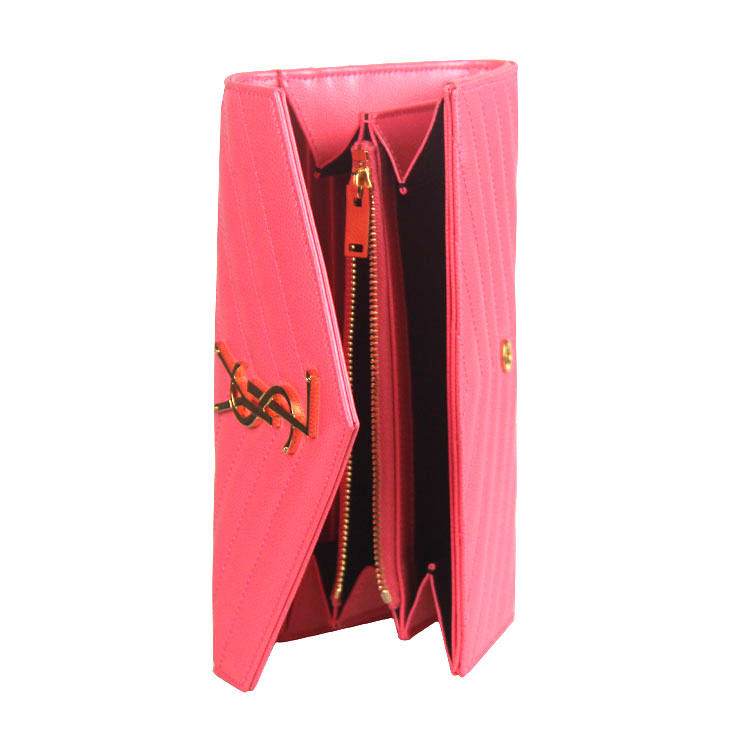 Yves saint Laurent/圣罗兰 金属logo标粉色牛皮斜纹女士长款钱包 #372264 BOW01 6618