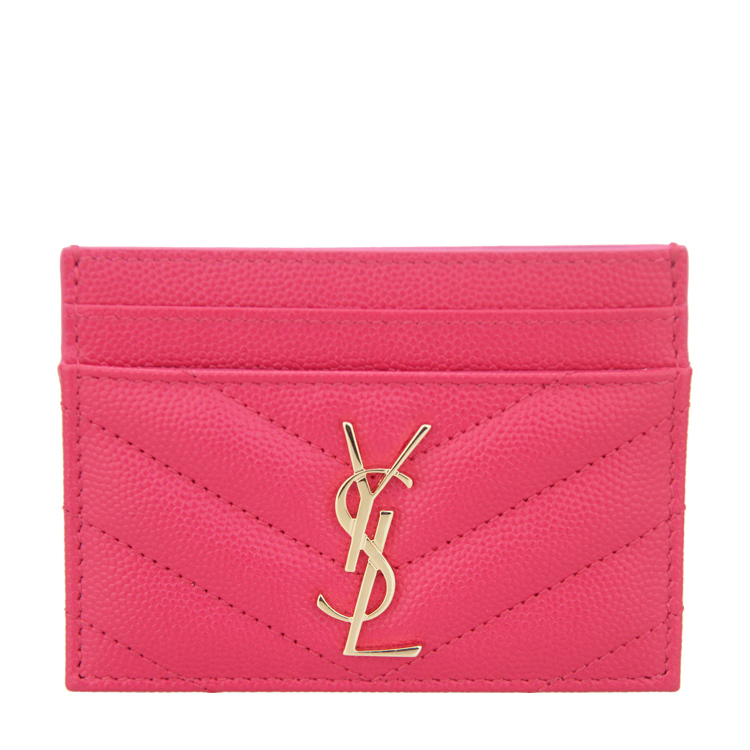 Yves saint Laurent/圣罗兰 金属品牌标志荔枝纹桃红色牛皮小型皮具斜纹女士卡包#423291 BOW01 5623