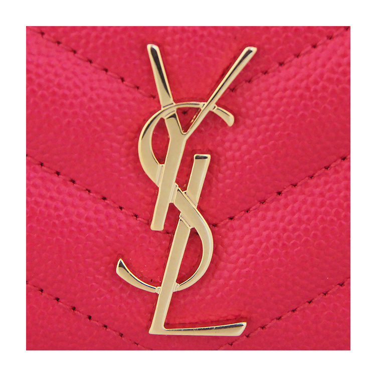 Yves saint Laurent/圣罗兰 金属品牌标志荔枝纹桃红色牛皮小型皮具斜纹女士卡包#423291 BOW01 5623