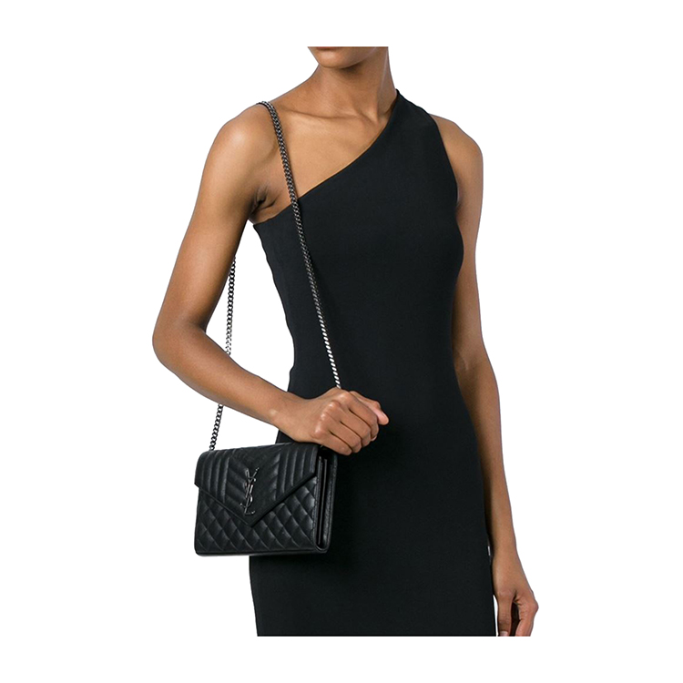 Yves saint Laurent/圣罗兰 'Monogram'金属品牌LOGO斜纹格子黑色牛皮女士单肩包#437473 BRM04 1000