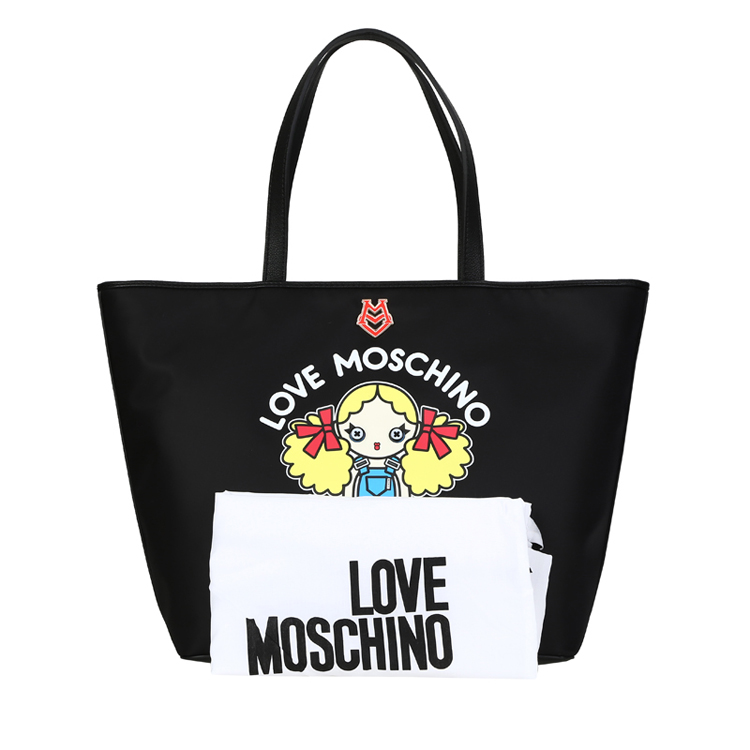 LOVE MOSCHINO/莫斯奇诺 女士印花女孩尼龙购物单肩包 JC4259PP01 黑色