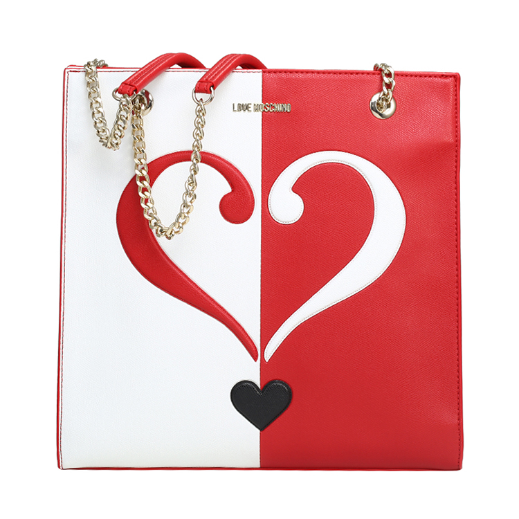 LOVE MOSCHINO/莫斯奇诺 女士心形图案拼色半链条PVC购物袋 JC4243PP01 红色/白色