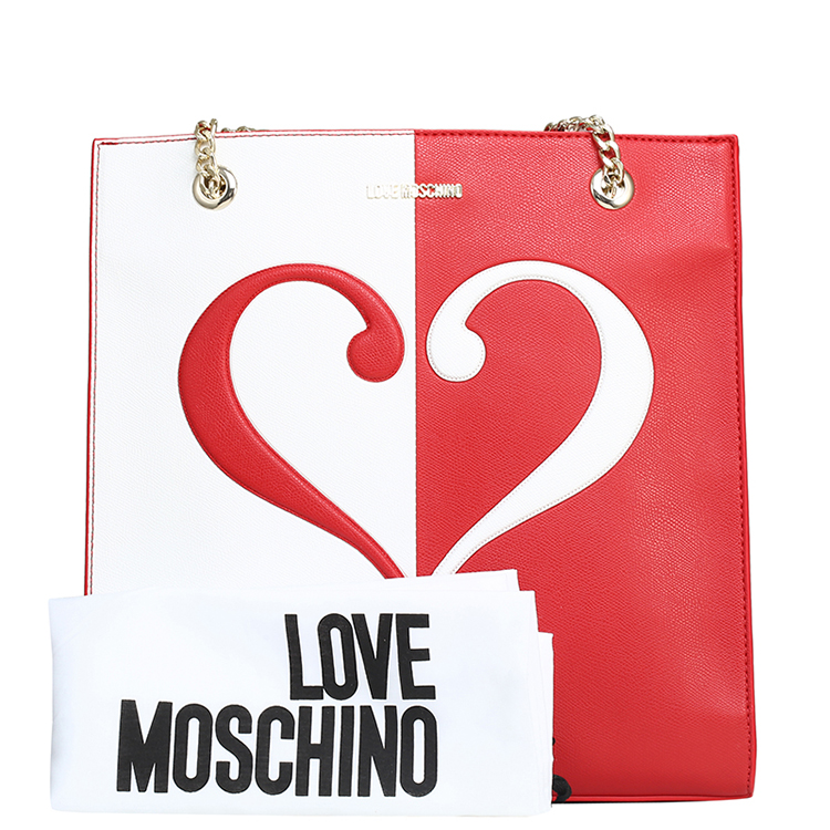 LOVE MOSCHINO/莫斯奇诺 女士心形图案拼色半链条PVC购物袋 JC4243PP01 红色/白色