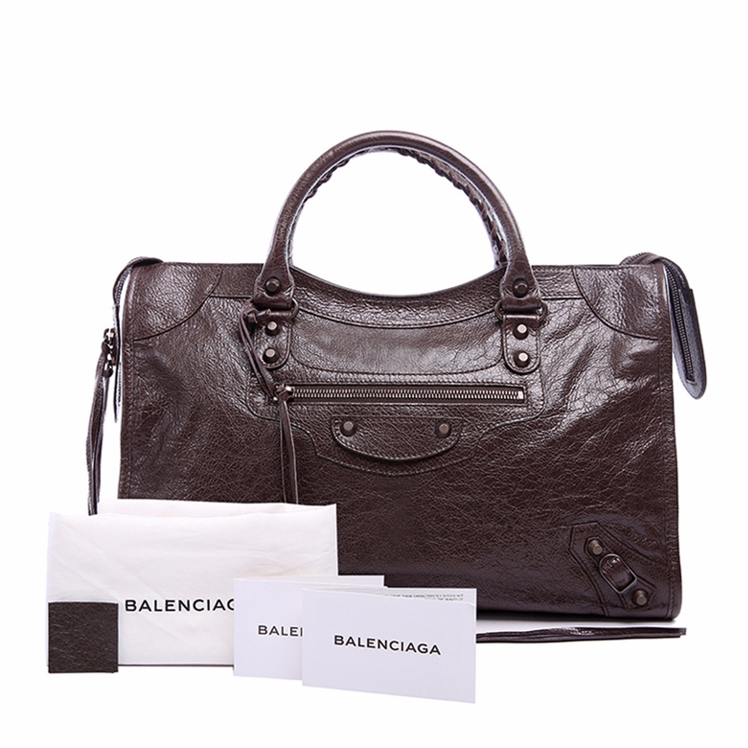 【包邮包税】Balenciaga/巴黎世家 女士褐色羊皮CITY系列铆钉装饰手提包单肩包 115748 D94JT 2065
