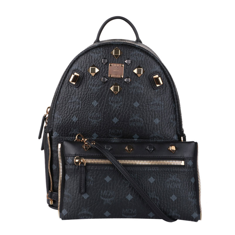 【包邮包税】MCM/MCM 女士黑色牛皮铆钉中号双肩包Backpacks MMK6SVE80 BK001