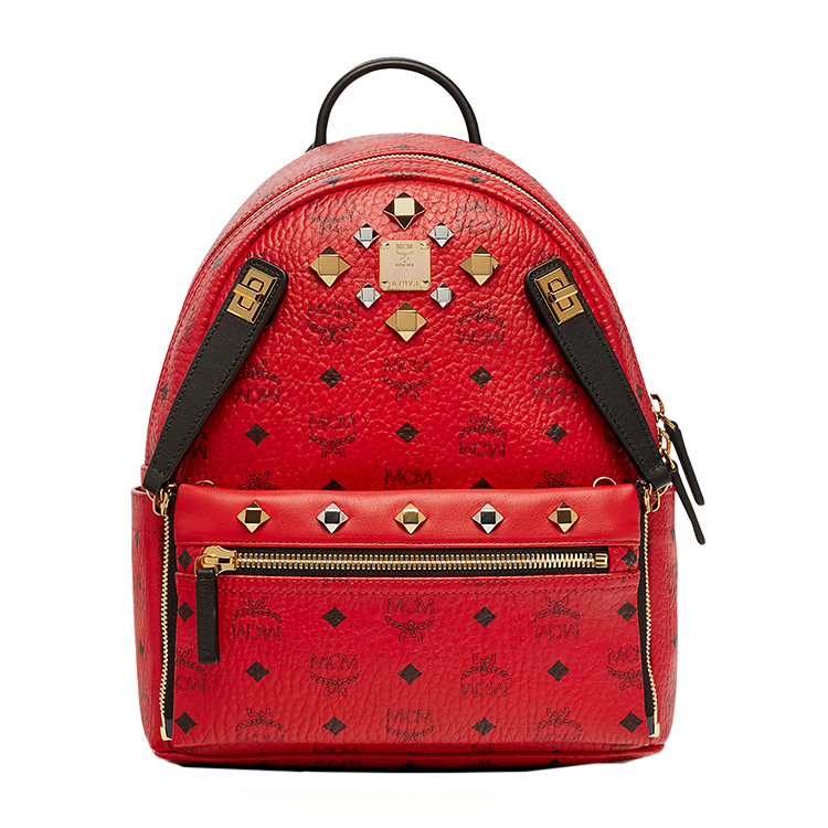 MCM/MCM Dual Stark系列Visetos牛皮铆钉红色女士里衬小牛皮小号双肩包#MMK6AVE80 RU001