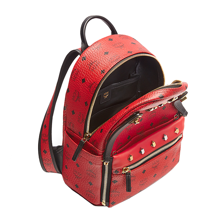 MCM/MCM Dual Stark系列Visetos牛皮铆钉红色女士里衬小牛皮小号双肩包#MMK6AVE80 RU001