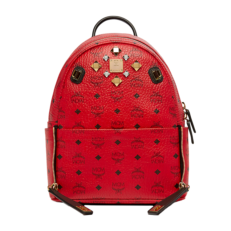 MCM/MCM Dual Stark系列Visetos牛皮铆钉红色女士里衬小牛皮小号双肩包#MMK6AVE80 RU001