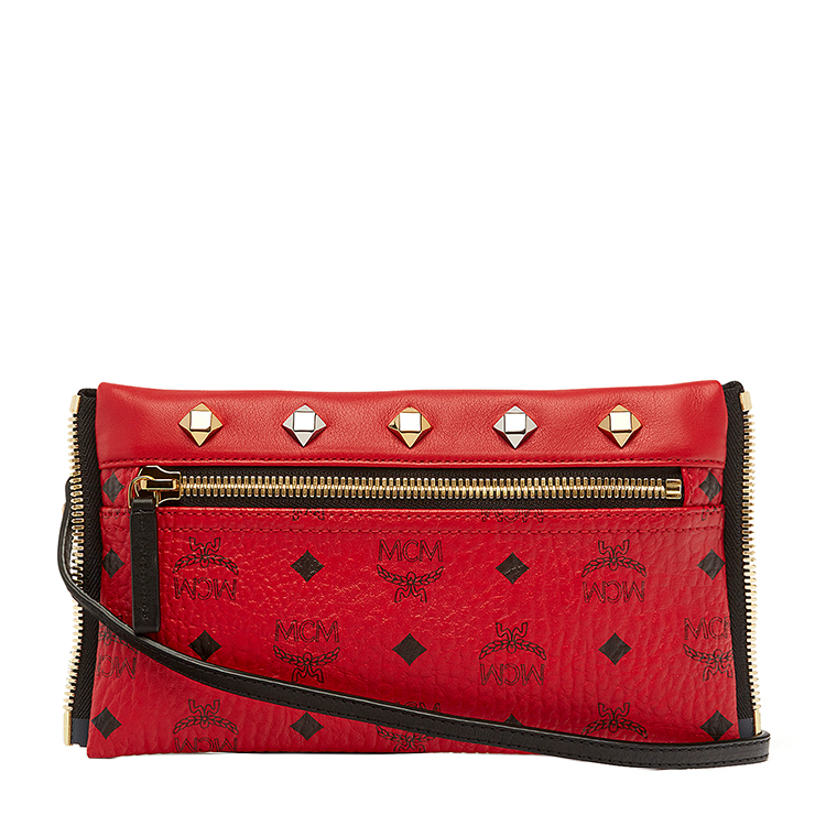 MCM/MCM Dual Stark系列Visetos牛皮铆钉红色女士里衬小牛皮小号双肩包#MMK6AVE80 RU001
