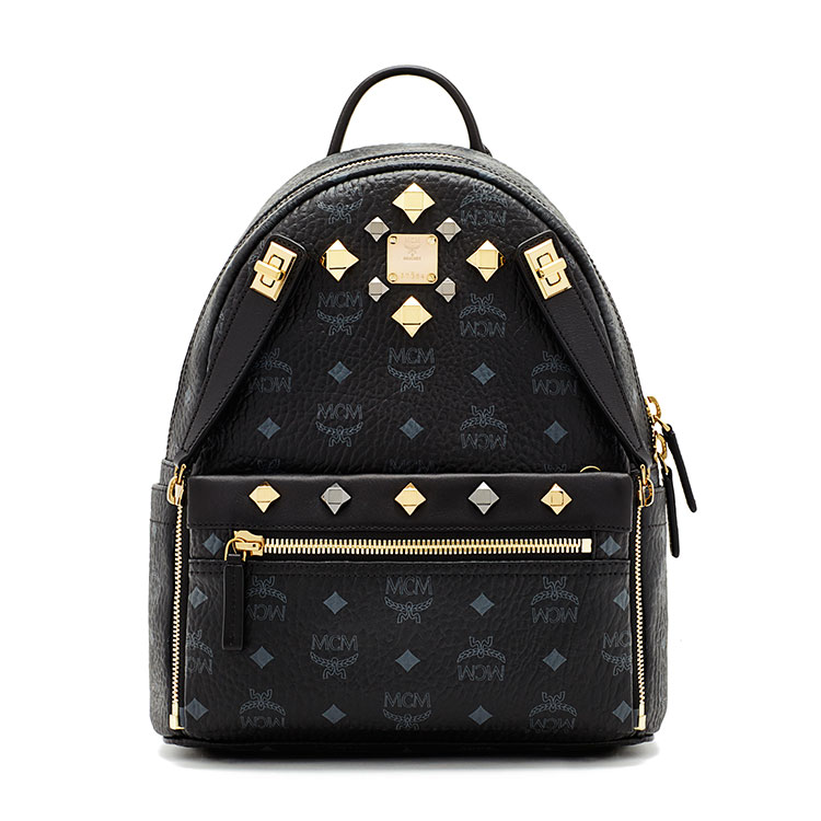 MCM/MCM Dual Stark系列Visetos牛皮铆钉中性款式里衬小牛皮小号黑色双肩包#MMK6SVE80 BK001