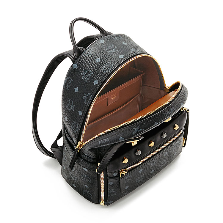 MCM/MCM Dual Stark系列Visetos牛皮铆钉中性款式里衬小牛皮小号黑色双肩包#MMK6SVE80 BK001