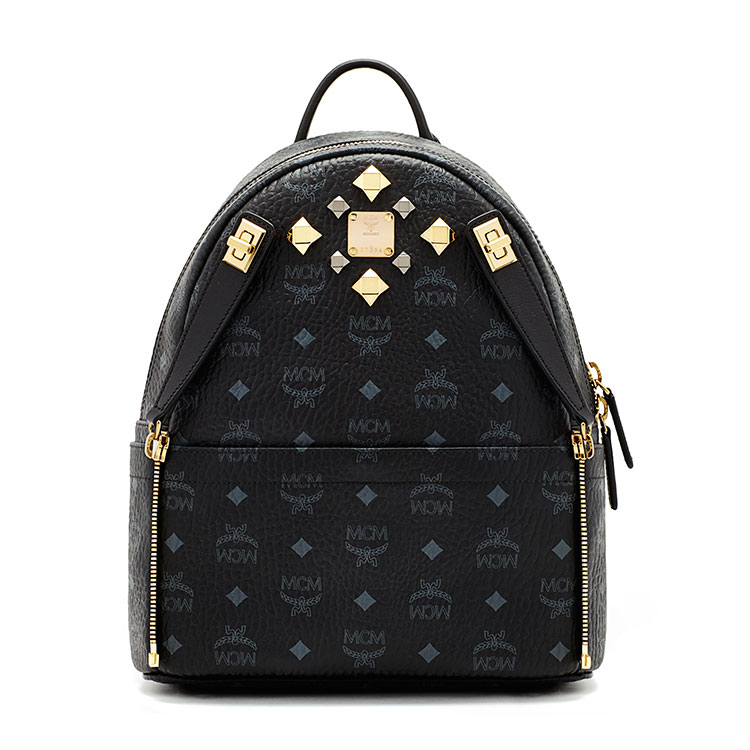 MCM/MCM Dual Stark系列Visetos牛皮铆钉中性款式里衬小牛皮小号黑色双肩包#MMK6SVE80 BK001