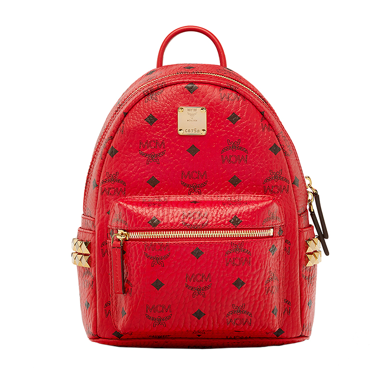 MCM/MCM STARK BACKPACK系列品牌标志图案金属铆钉装饰红色PVC涂层里衬小牛皮女士迷你双肩包#MMK6AVE41 RU001