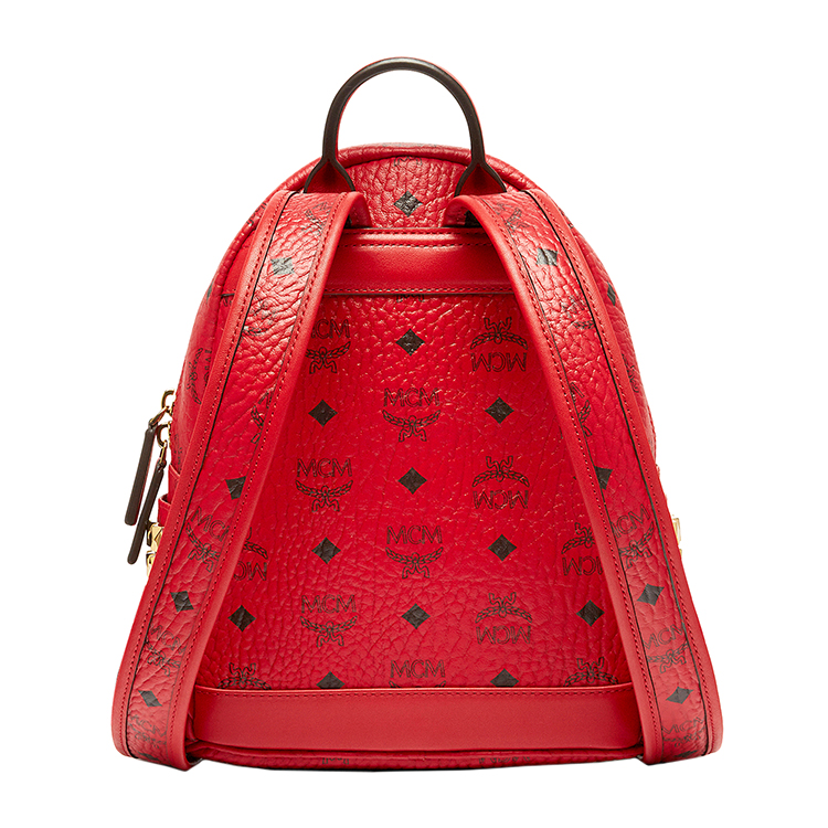 MCM/MCM STARK BACKPACK系列品牌标志图案金属铆钉装饰红色PVC涂层里衬小牛皮女士迷你双肩包#MMK6AVE41 RU001