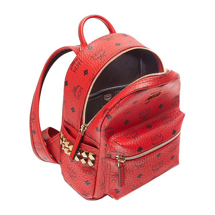 MCM/MCM STARK BACKPACK系列品牌标志图案金属铆钉装饰红色PVC涂层里衬小牛皮女士迷你双肩包#MMK6AVE41 RU001