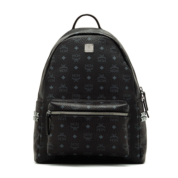 MCM/MCM Stark系列Visetos涂层帆布中号黑色小牛皮中性款式里衬小牛皮双肩包#MMK6SVE38 BK001