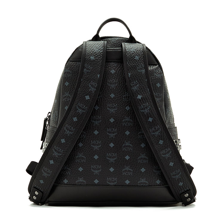 MCM/MCM Stark系列Visetos涂层帆布中号黑色小牛皮中性款式里衬小牛皮双肩包#MMK6SVE38 BK001