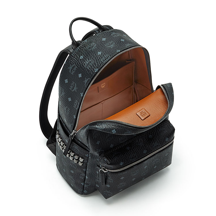 MCM/MCM Stark系列Visetos涂层帆布中号黑色小牛皮中性款式里衬小牛皮双肩包#MMK6SVE38 BK001