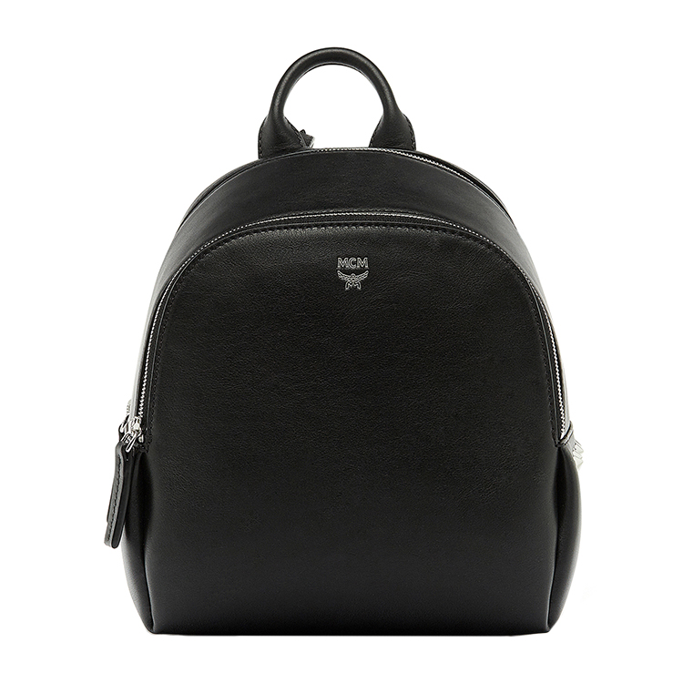 MCM/MCM Polke Studs系列黑色铆钉装饰红色小牛皮里衬女士牛皮迷你双肩包#MWK6ADK27 BK001