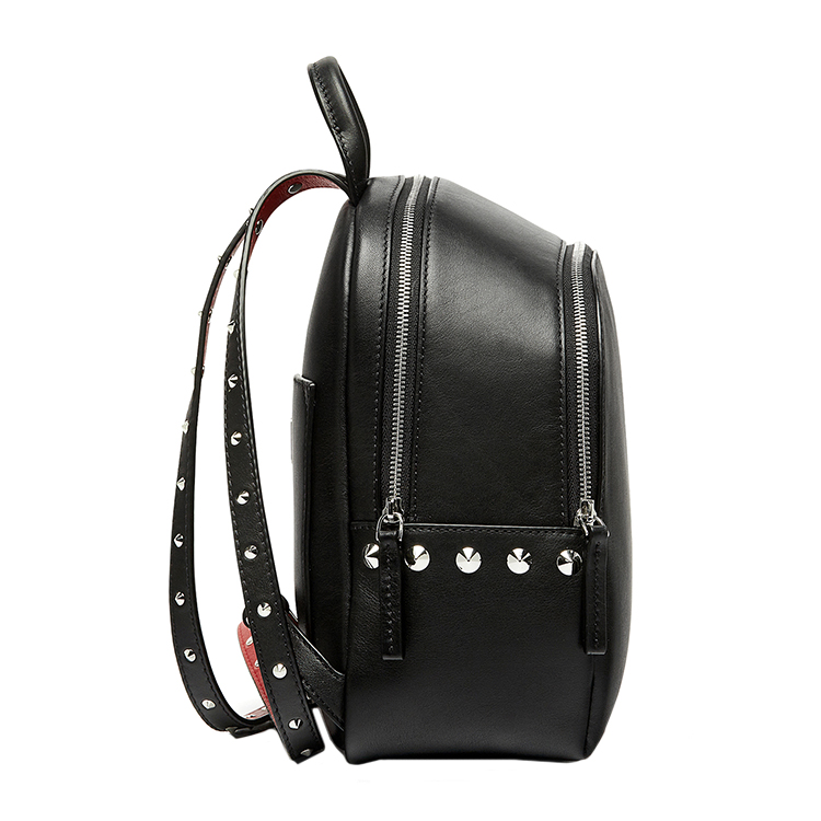 MCM/MCM Polke Studs系列黑色铆钉装饰红色小牛皮里衬女士牛皮迷你双肩包#MWK6ADK27 BK001