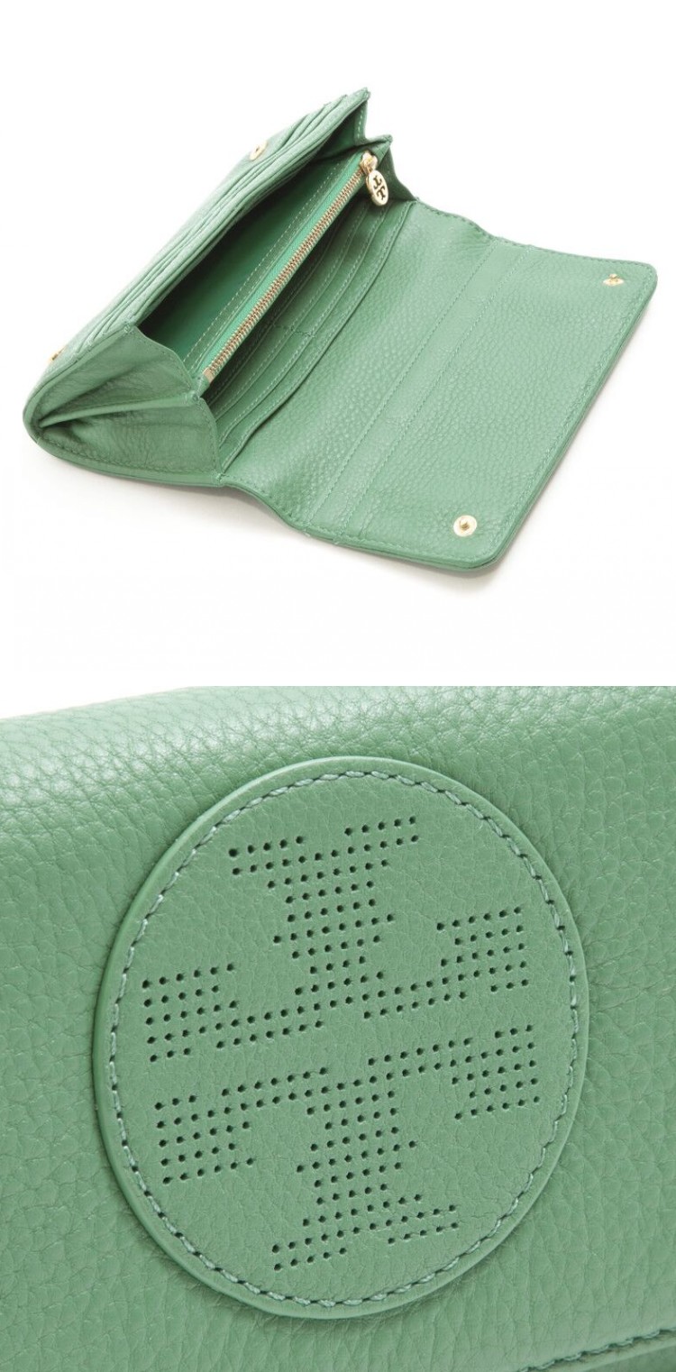 Tory Burch/汤丽柏琦 女士时尚纯色真皮长款翻盖钱包手拿包 19149193 355绿色