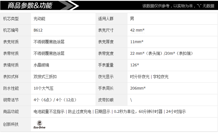 Citizen/西铁城 不锈钢覆黑色涂层三眼计时光动能男表CA0435-51E