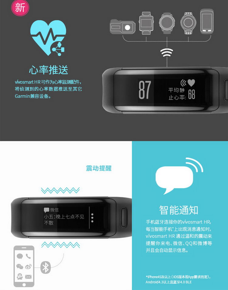 Garmin/佳明 vivosmart HR 光电心率智能手环手表腕带睡眠久坐提醒