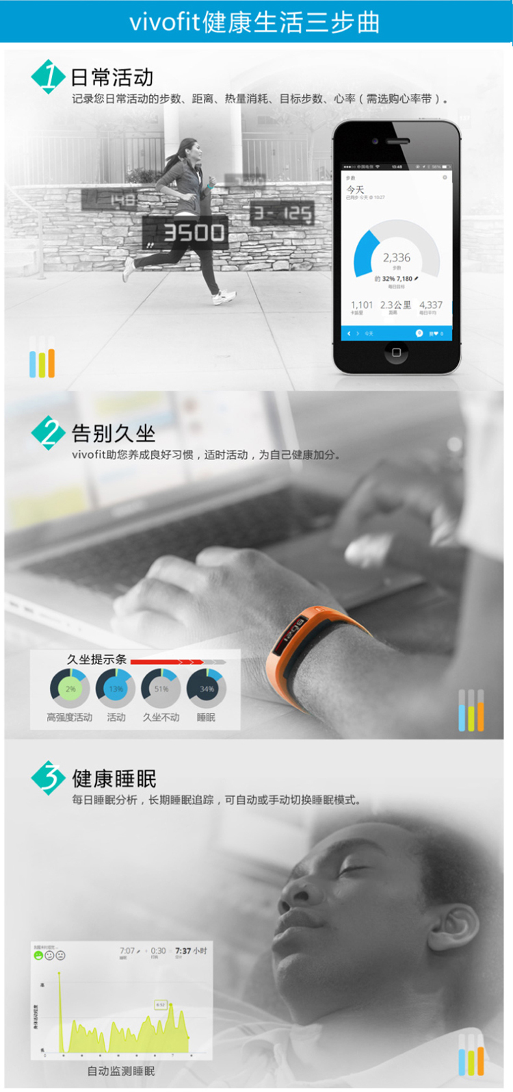 Garmin/佳明 vivofit 智能运动手环腕带计步久坐提醒 可选配心率带