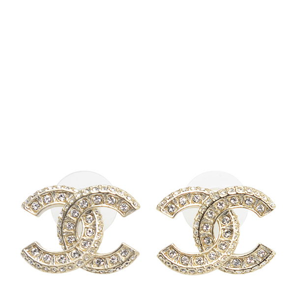 CHANEL/香奈儿 双c 钮文镶嵌水钻 水晶淡金色耳钉A86504