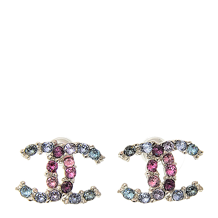 CHANEL/香奈儿 经典LOGO镶钻金属耳钉蓝色/粉色