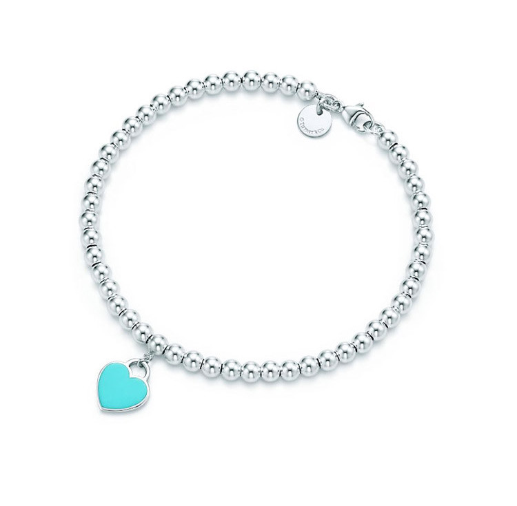 Tiffany & Co./蒂芙尼 Return to Tiffany™系列 女式S925银蓝色心形小珠Bead珐琅手链 6.5英寸 TGRP03577