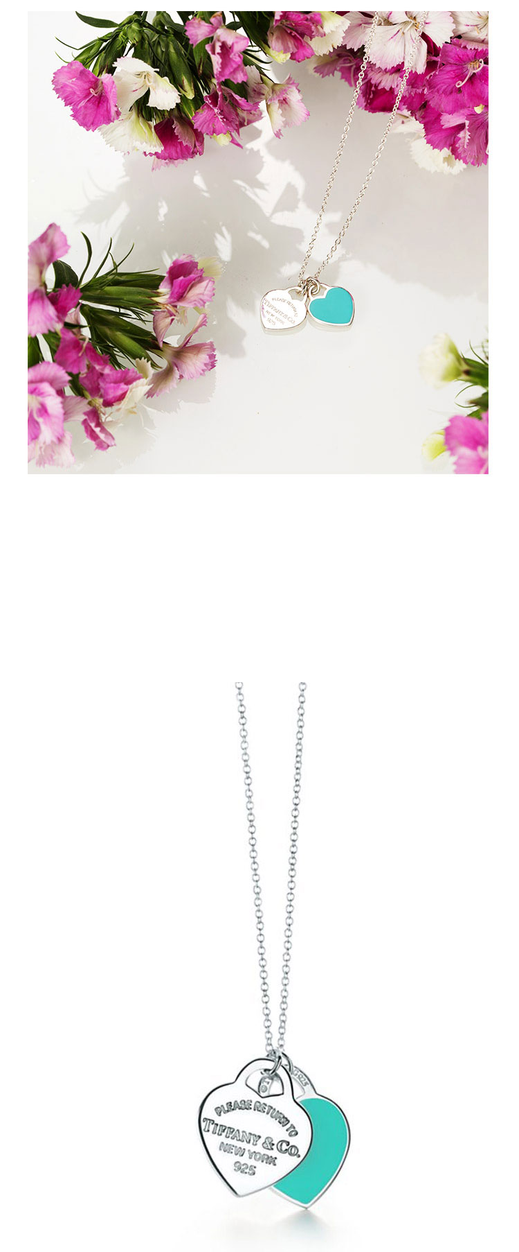 Tiffany & Co./蒂芙尼 女式银质蓝色时尚双心珐琅项链 18英寸 TBDZ0079