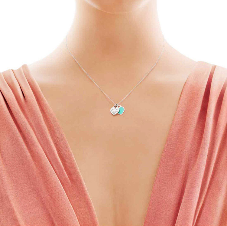 Tiffany & Co./蒂芙尼 女式银质蓝色时尚双心珐琅项链 18英寸 TBDZ0079